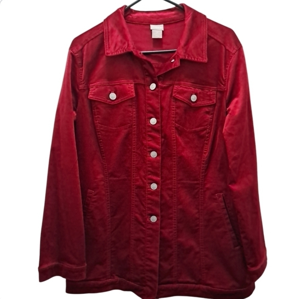 Chico's Elongated Velveteen Jacket Red Velvet Long Trucker Shacket Coat Size 2P - Picture 14 of 16